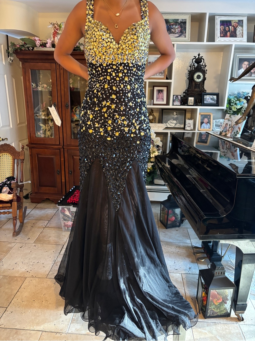 Black and Gold Beaded Prom Gown
